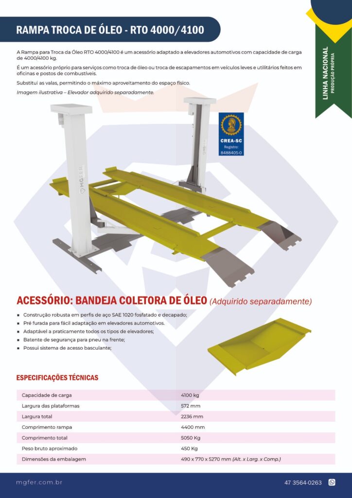 A RAMPA DE TROCA DE OLEO - RTO 2500-2600 é um acessório para elevadores automotivos com capacidade de 400/4100 Kg. Utilizada para troca de óleo e escapamentos em veículos leves e utilitários em oficinas e postos de combustíveis.