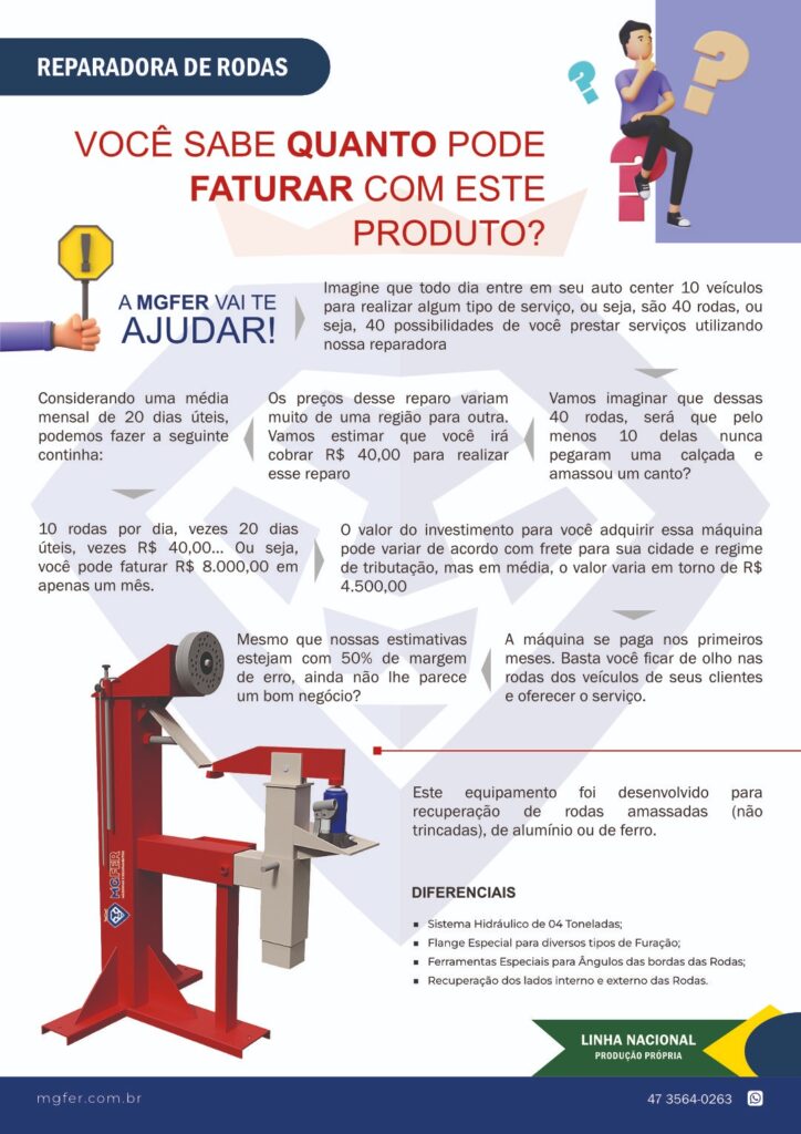 Equipamento para recuperação de rodas amassadas ( não trincadas), de alumínio ou de ferro. Sistema hidráulico de 4 toneladas. Flange especial para diversos tipos de furação. Ferramentas especiais para ângulos das bordas das rodas. Recuperação dos lados interno e externo da roda.